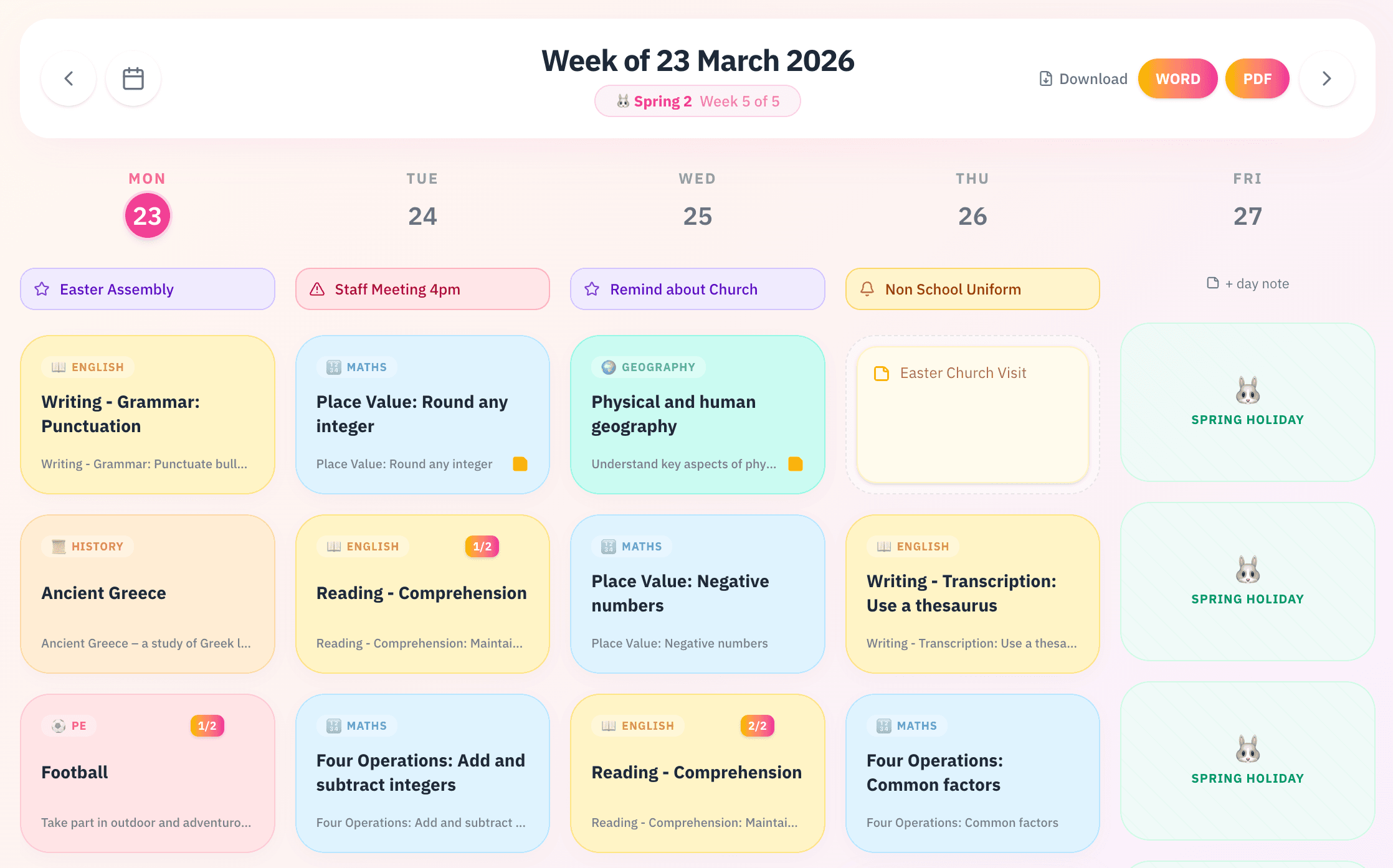Staffroom weekly planner showing a full week of lessons, events, and curriculum objectives