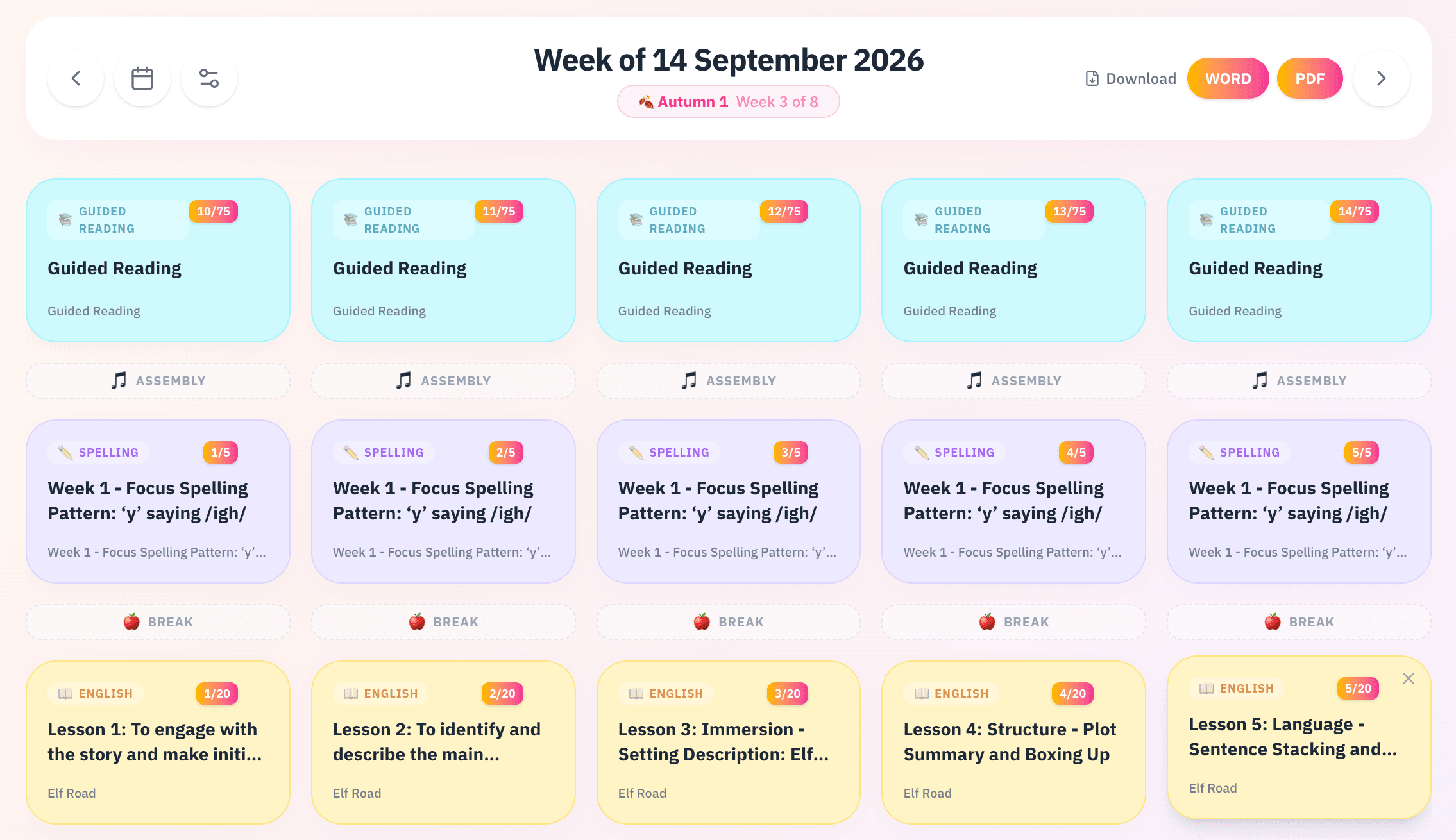 Staffroom weekly planner showing a full week of lessons, events, and curriculum objectives